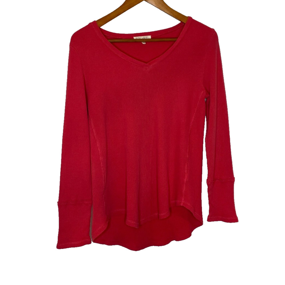 Women's Small Escape Habitat Red V-Neck Cotton Waffle Thermal Long Sleeve Shirt